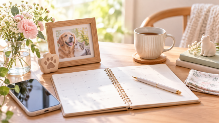 ペットが亡くなった後の仕事や休暇について考えるため、カレンダーとスマートフォンを広げ、愛犬・愛猫の写真をそばに置いた穏やかな室内のイメージ